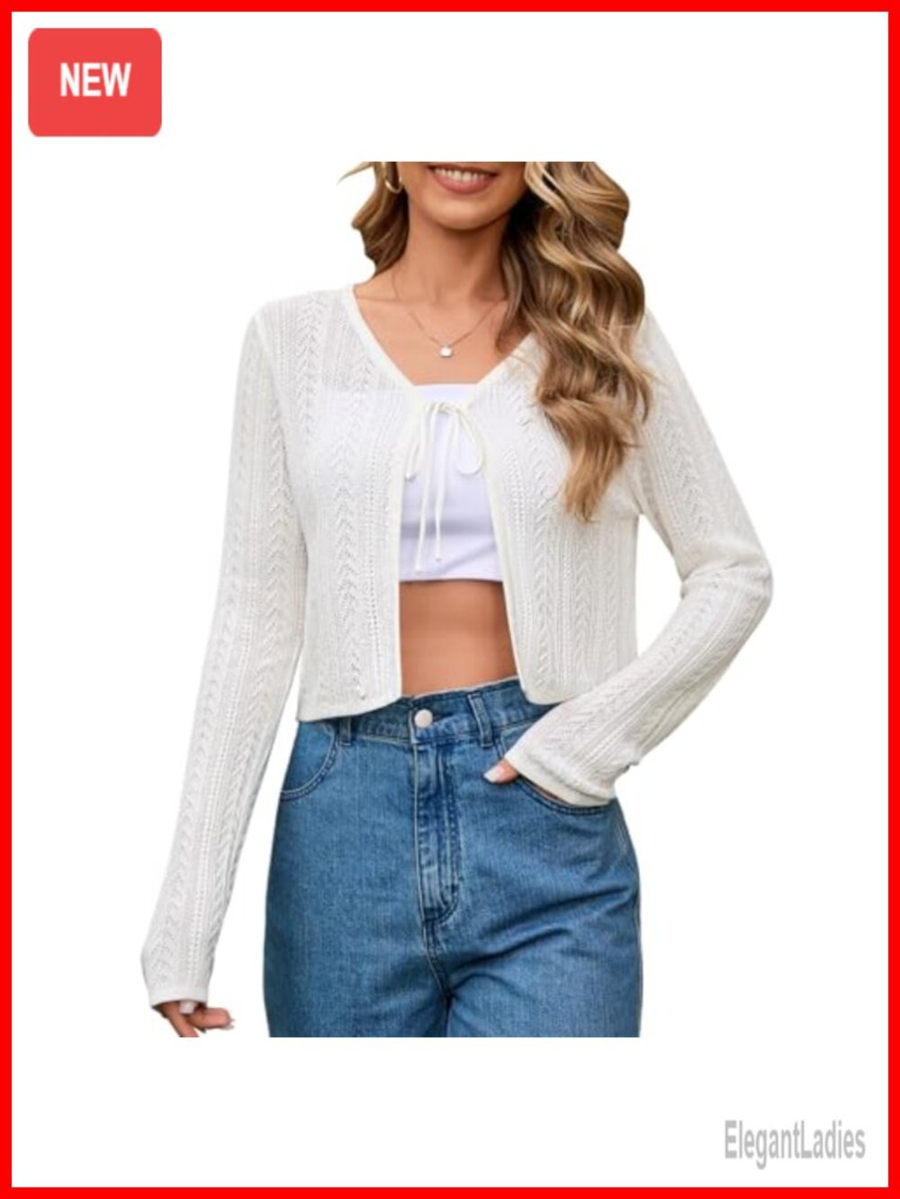 Long Sleeve Crochet Cardigan Sweater Tie Front Crop Shrug
